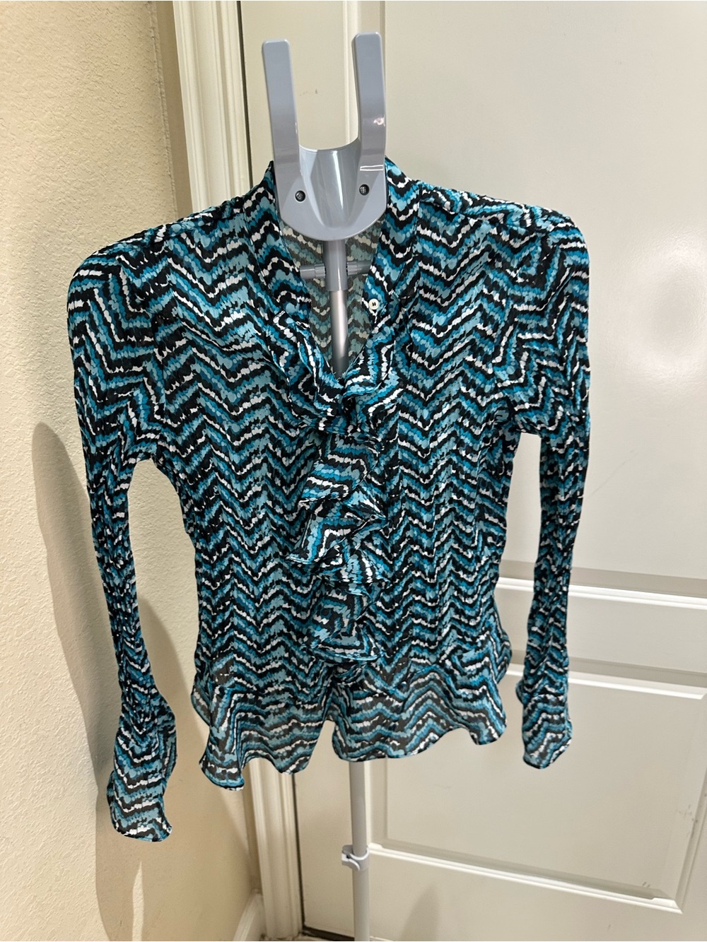 Sunny Leigh Teal Black Chevron Ruffle Front Blouse